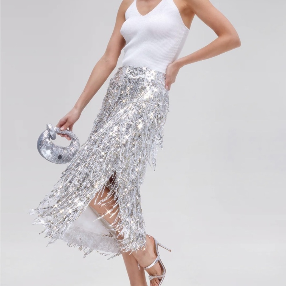 Silver Sequin Fringe Skirt